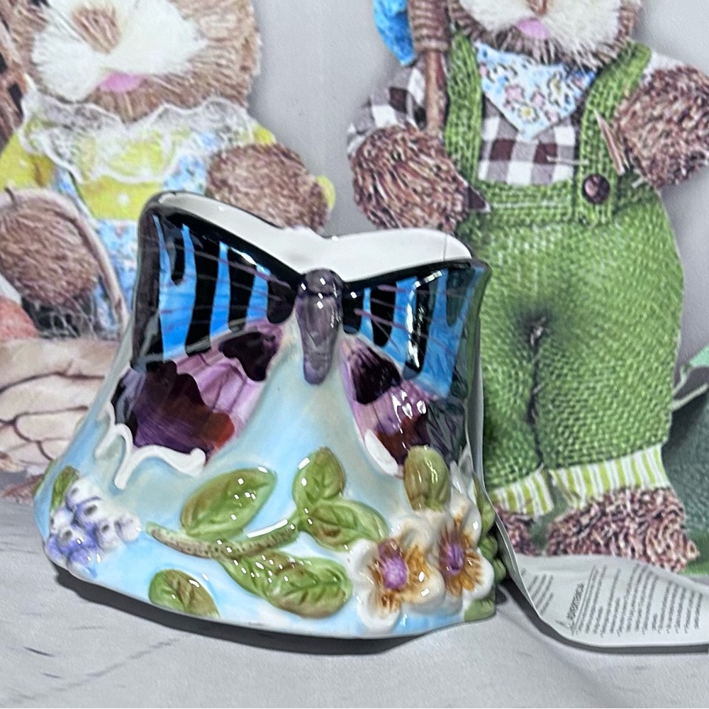 Home Interiors Blue Purple Floral Butterfly Ceramic Candle Topper Shade